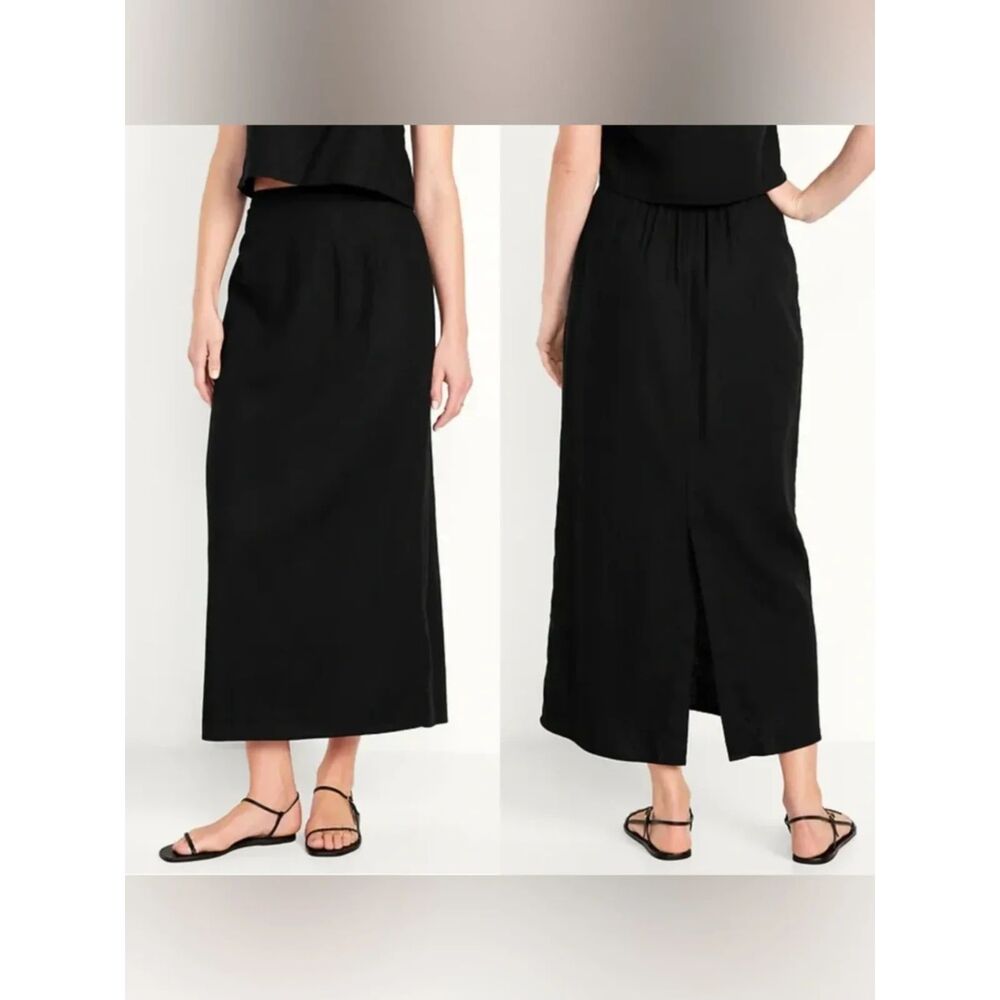 OLD NAVY BLACK High-Waisted Linen-Blend Maxi Skirt SMALL